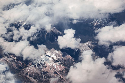 Low angle view of snow covered clouds against sky