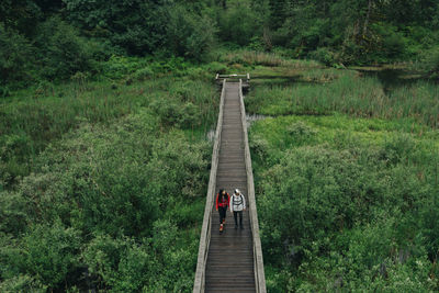 A young couple enjoys a hike on a boardwalk in the pacific northwest.