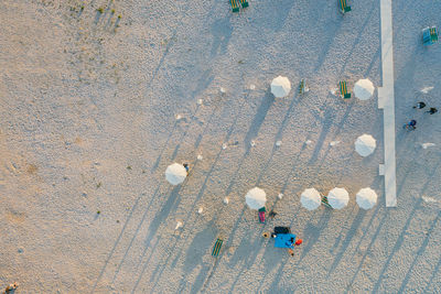 Aerial top view of sandy beach , with umbrellas and sun loungers in beautiful sunny day