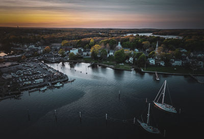 High angle view of city at sunset