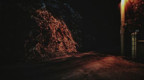 Illuminated road amidst trees at night