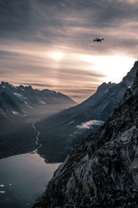 Scenic view of mountains against sky during sunset