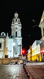 View of city lit up at night