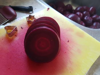 High angle view of dessert on cutting board