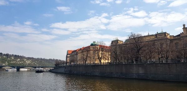 View of buildings by river against cloudy sky