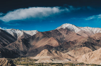 Scenic view of mountains against blue sky