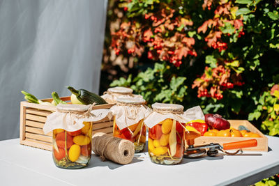 Canning garden vegetables, preservation of tomatoes, peppers, zucchini vegetables. fermented food