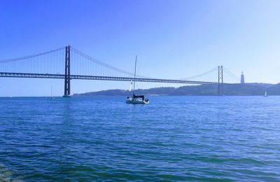 View of suspension bridge over river