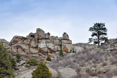 Rock formations on landscape against sky