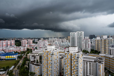 Aerial view of city against cloudy sky