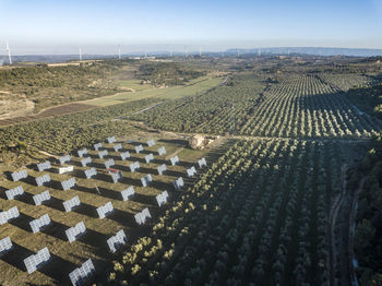 Aerial view of solar panels in a rural landscape in spain