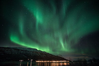 Low angle view of aurora polaris in sky at night