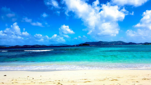 Scenic view of beach against cloudy sky