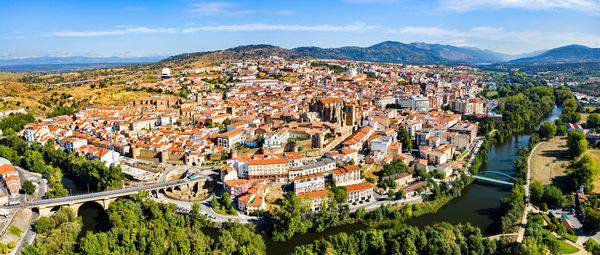 High angle shot of townscape against sky