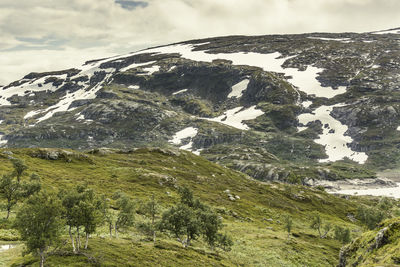 Scenic view of snowcapped mountains against sky
