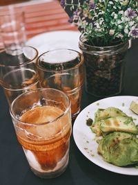 High angle view of drink in glass on table