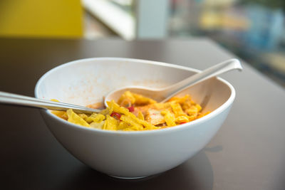 Close-up of breakfast served on table