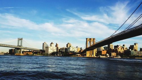 Bridge over river and buildings against sky