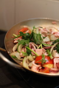High angle view of salad in bowl on table