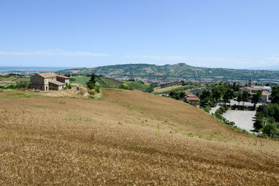 Scenic view of agricultural field by buildings against sky