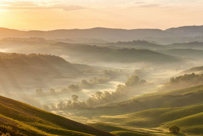 Italian rolling landscape with fog at sunrise