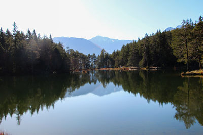 Scenic view of lake and trees against clear sky