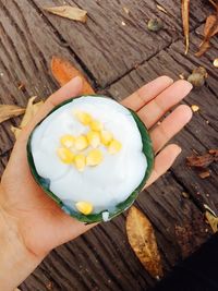 High angle view of hand holding food in leaf