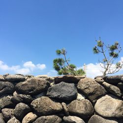 Low angle view of rocks against blue sky