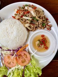 High angle view of meal served on table