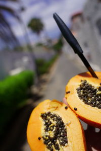Close-up of orange slice in container