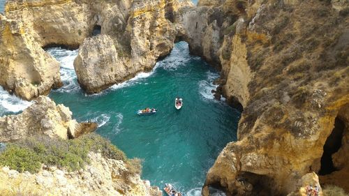 High angle view of boats in bay