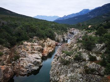 Scenic view of river amidst mountains against sky