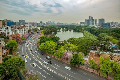 High angle view of cityscape against sky