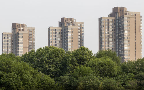 Trees and apartment buildings against clear sky, hangzhou, cina