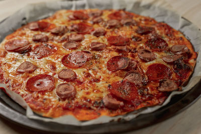 High angle view of pizza on table