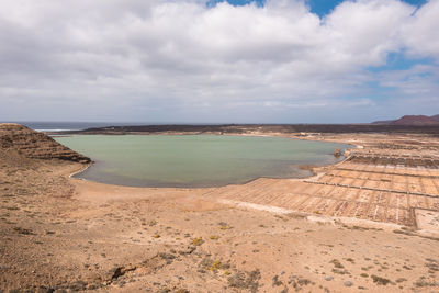 Scenic view of beach against cloudy sky