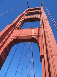 Low angle view of golden gate bridge against clear blue sky during sunny day