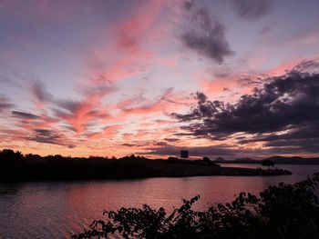 Scenic view of lake against sky during sunset