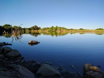 Scenic view of lake against clear blue sky