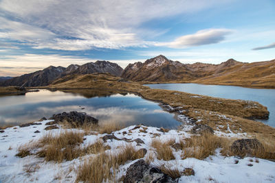 Scenic view of lake and mountains against sky