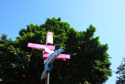 Low angle view of road sign against clear sky