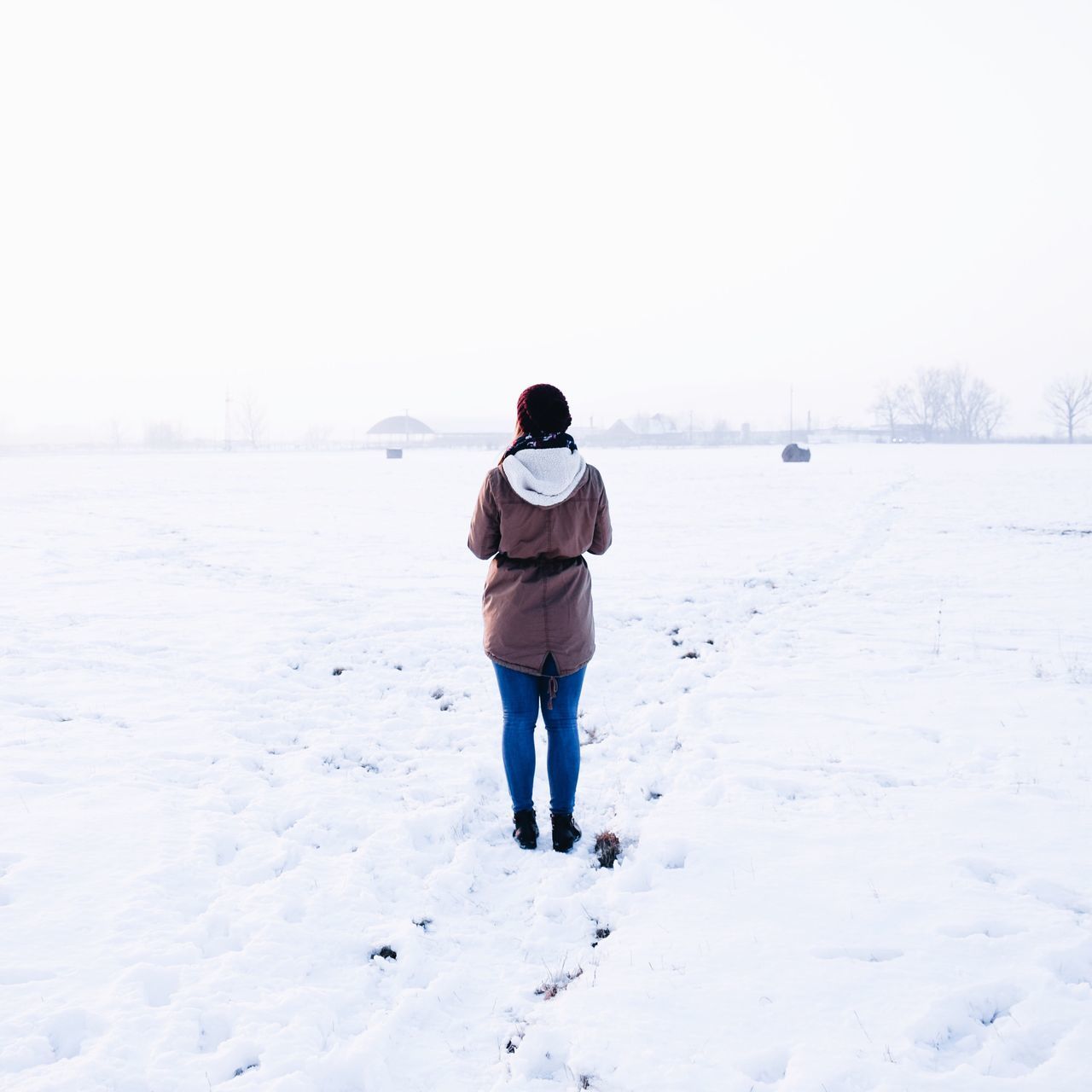 winter, cold temperature, snow, weather, full length, one person, nature, real people, rear view, standing, outdoors, casual clothing, leisure activity, field, day, walking, warm clothing, lifestyles, beauty in nature, frozen, clear sky, sky, young adult, people