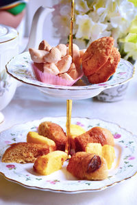 Close-up of breakfast served on table