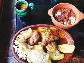 High angle view of food served on table