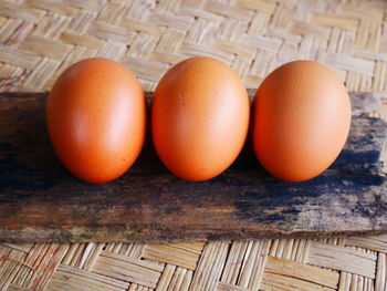 High angle view of eggs in basket on table