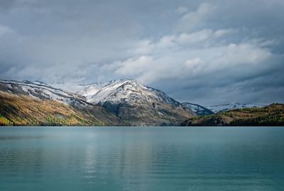 Scenic view of lake and mountains against sky