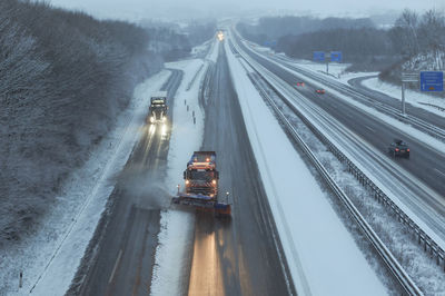 High angle view of highway on snow covered road