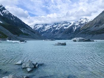 Scenic view of lake against sky during winter