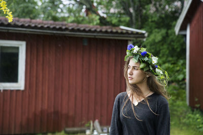 Woman wearing flower wreath