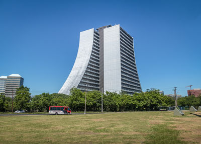 Low angle view of building against clear blue sky